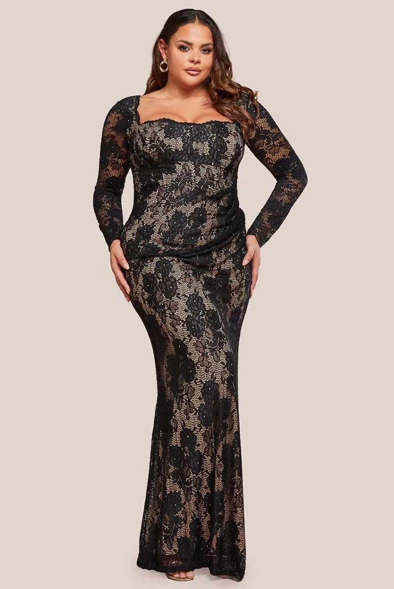 Goddiva Plus Size Scalloped Lace Corset Bodice Maxi Dress
