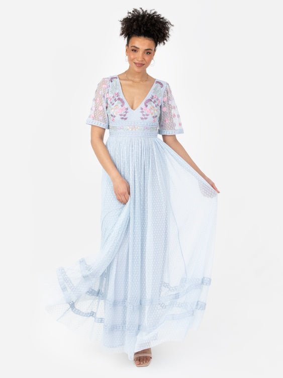 Dreamy Blue Maxi Dress with Floral Embroidery