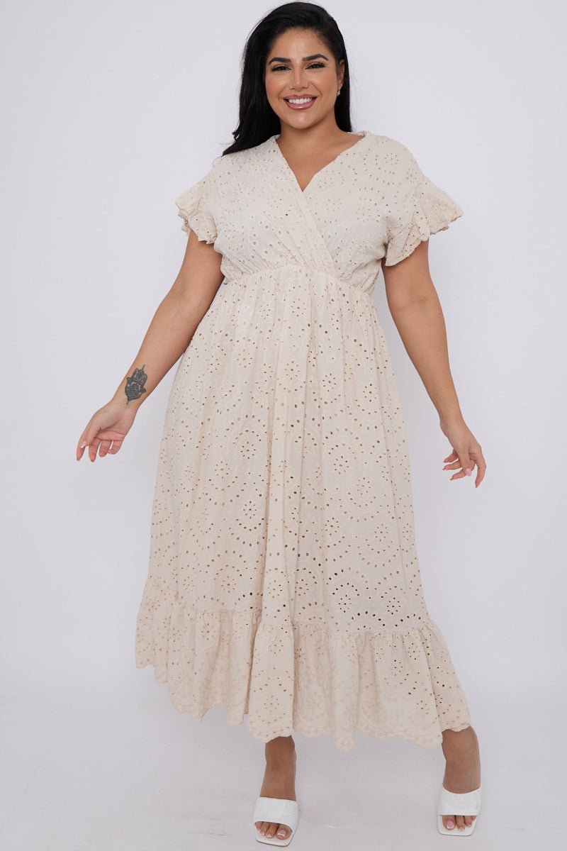 Plus Size Beige Broderie Lace Wrap Top Frill Hem Dress Curvy Chic Boutique