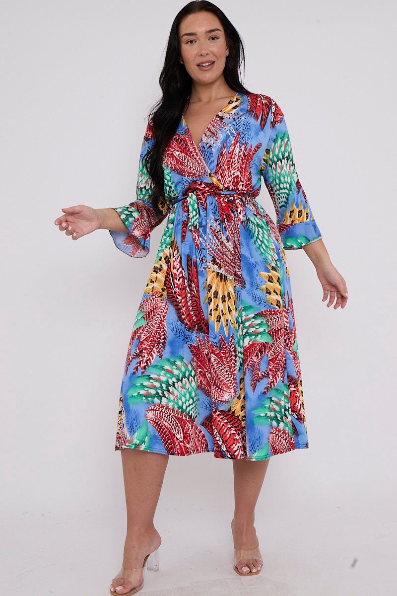 Plus Size Multi Vibrant Printed Wrap Tie Waist Dress With Pockets Curvy Chic Boutique