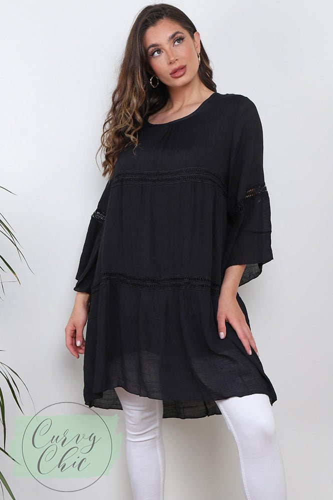 Black Lace Plus Size Tunic Top With Bell Sleeves - Curvy Chic Boutique