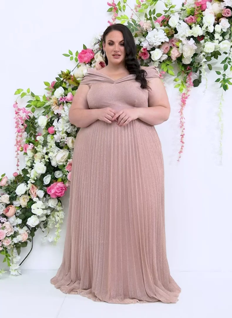 Blush Off The Shoulder Plus Glitter Pleated Evening Dress | Curvy Chic Online – Chic Boutique