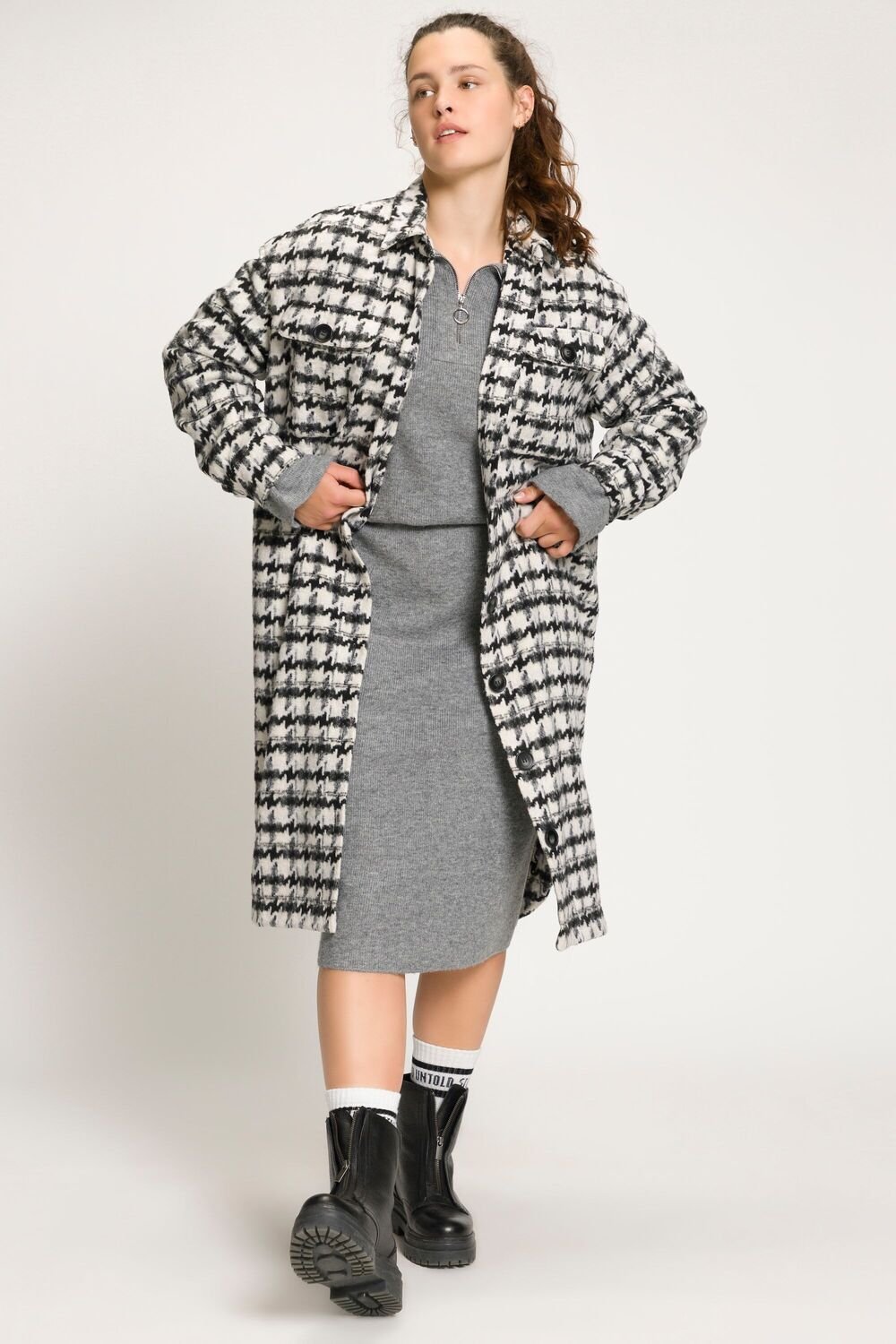 Houndstooth Print Plus size Shirt Jacket - Curvy Chic Boutique