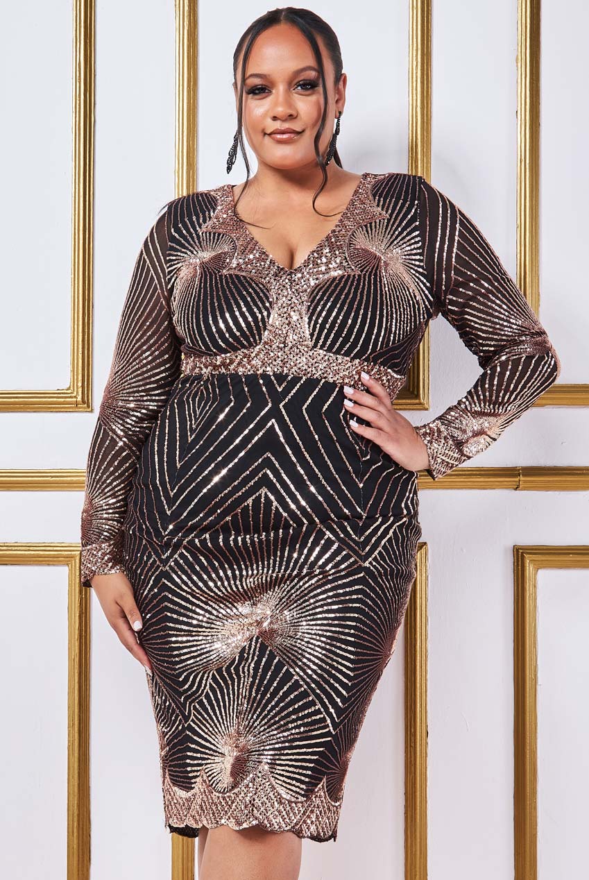 Rose Gold Plus Size Sequinned Starburst Scalloped Hem Midi Dress Curvy Chic Boutique