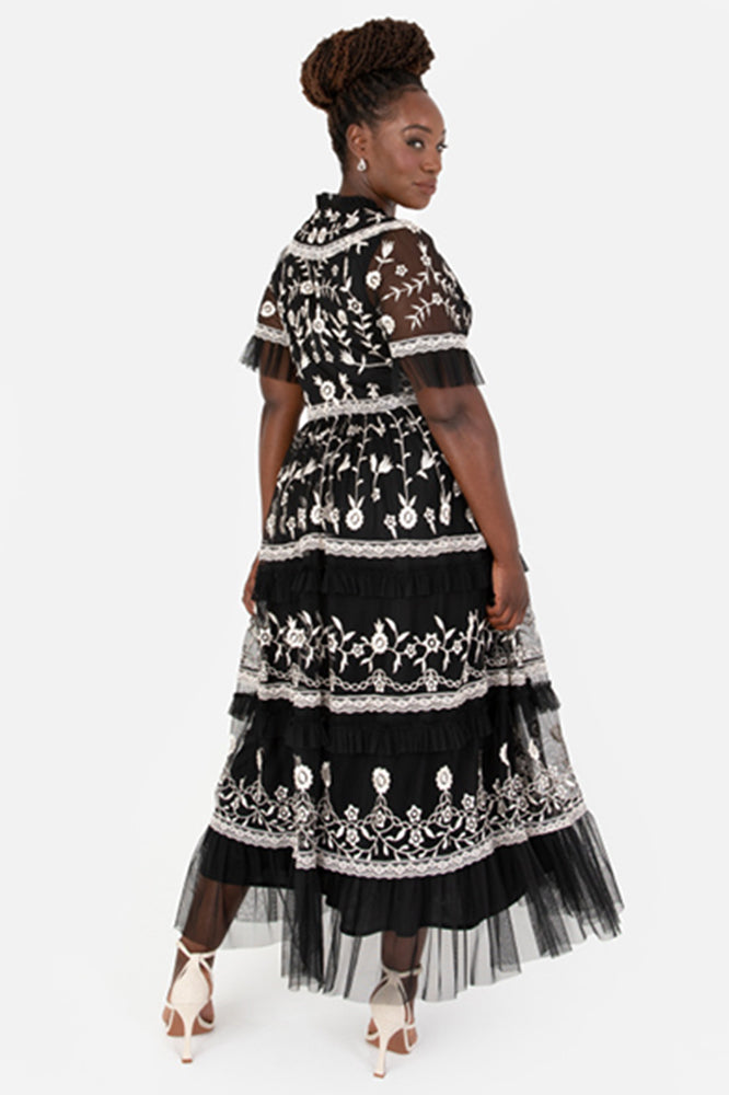 Maya Black and Ivory Plus Size Embroidered Tiered Midaxi Dress