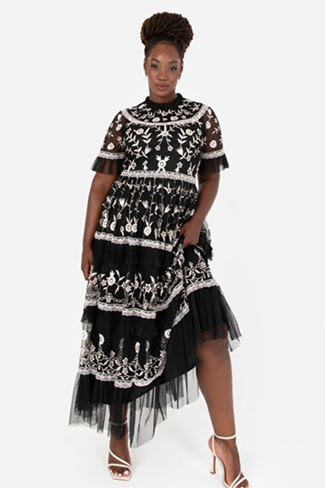 Maya Black and Ivory Plus Size Embroidered Tiered Midaxi Dress