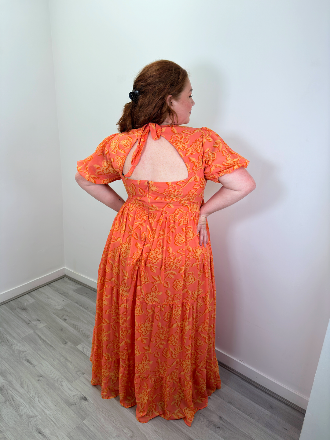 Anaya with Love Tie Back Puff Sleeve Coral Printed Maxi Dress