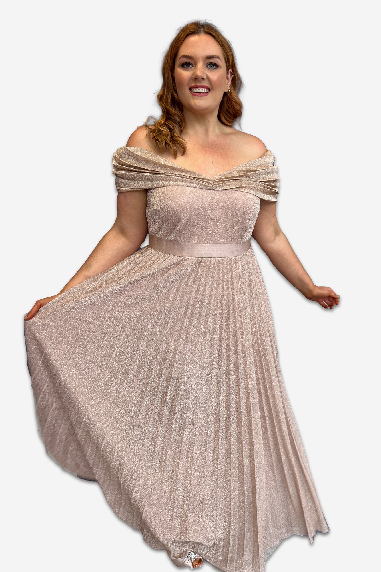 Blush Off The Shoulder Plus Size Glitter Pleated Evening Dress Curvy Chic Online Curvy Chic Boutique