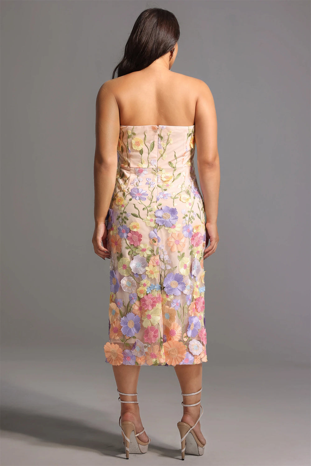 Pink embroidered midi dress back view sheer overlay