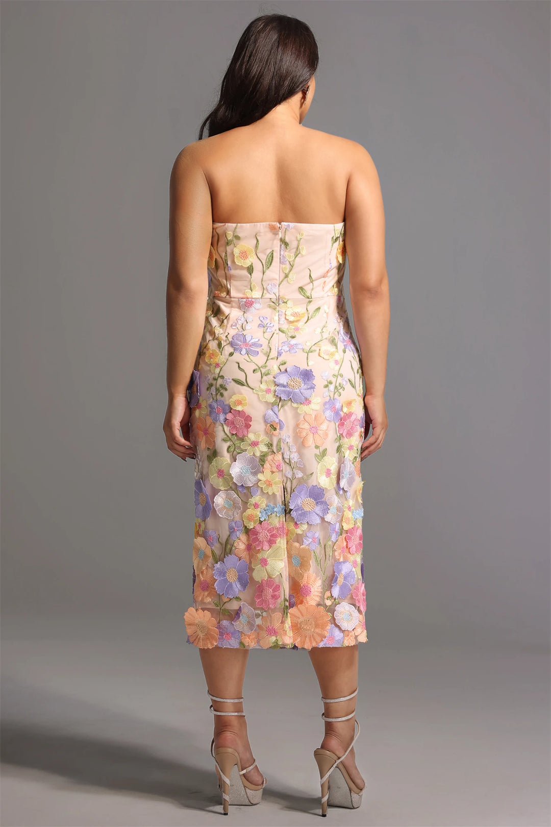 Pink embroidered midi dress back view sheer overlay