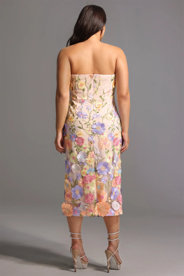 Pink embroidered midi dress back view sheer overlay