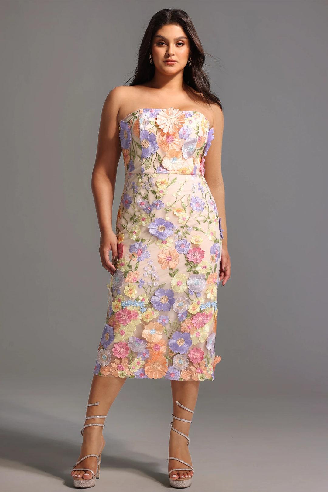 Strapless floral dress full length front pose