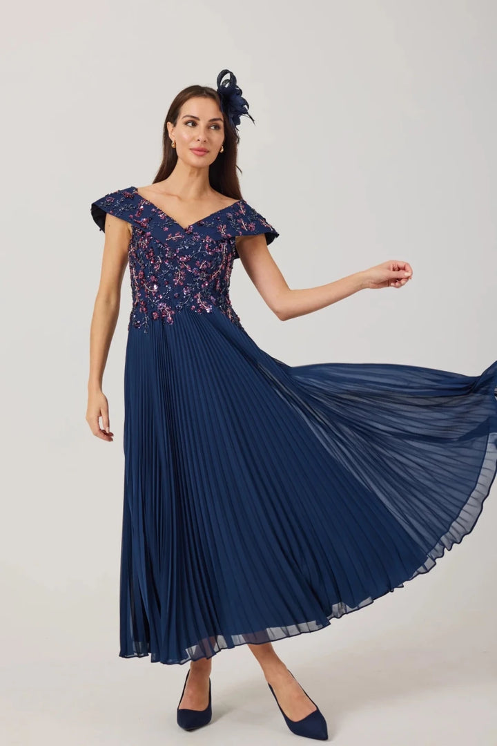 Samantha Jane Avaline Bardot Beaded mother of the bride dress in Navy pleated skirt