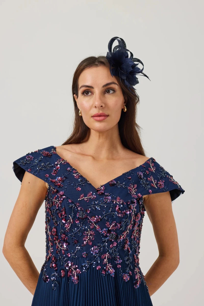Samantha Jane Avaline Bardot Beaded mother of the bride dress in Navy 3/4 portrait front view