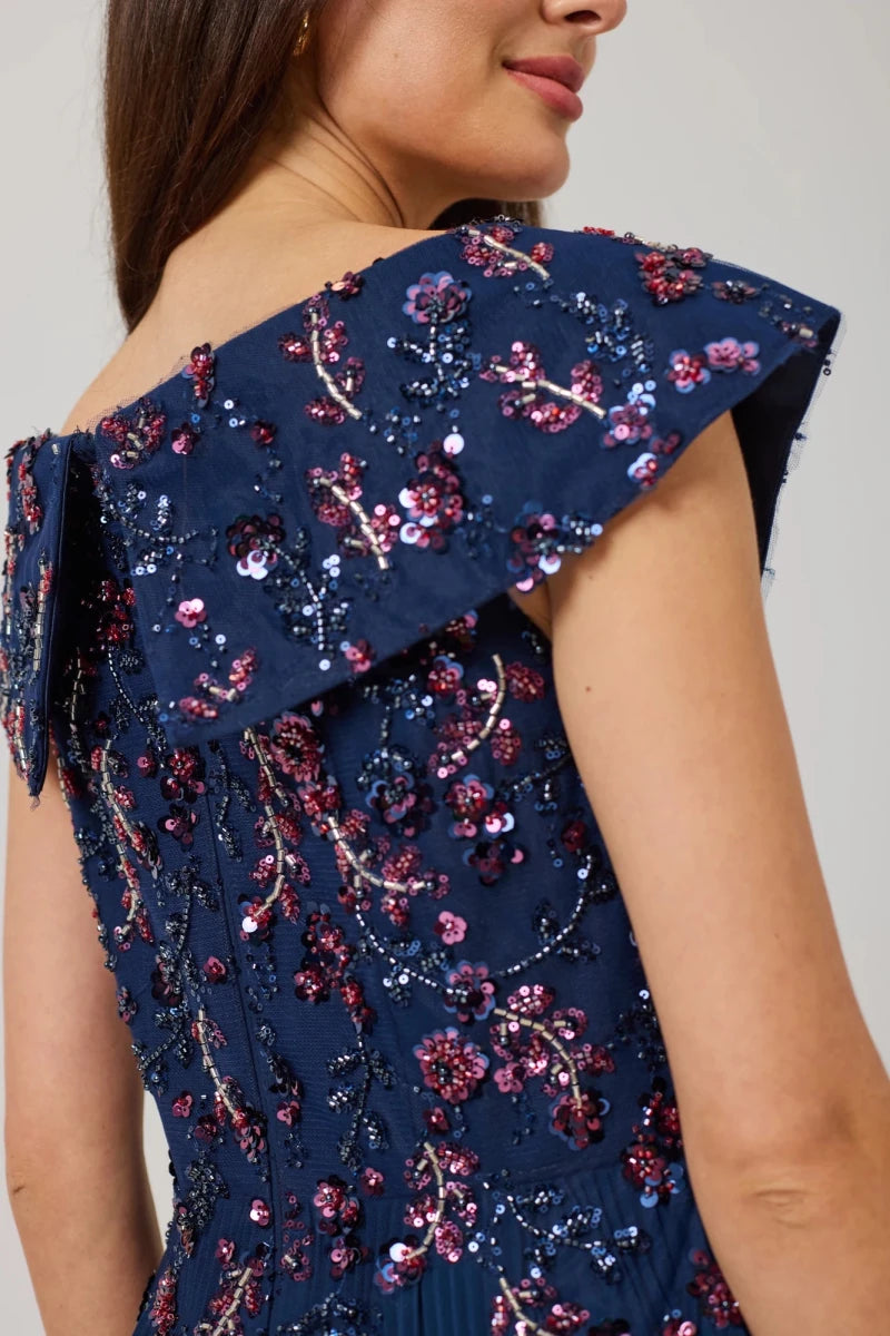 Samantha Jane Avaline Bardot Beaded mother of the bride dress in Navy detail back view