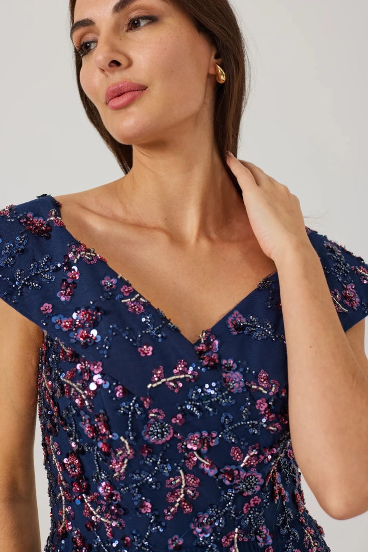 Samantha Jane Avaline Bardot Beaded mother of the bride dress in Navy detail front view