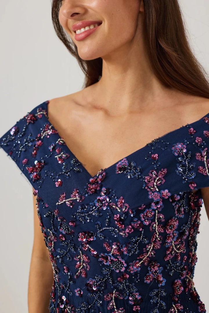 Samantha Jane Avaline Bardot Beaded mother of the bride dress in Navy detail front view beaded bodice 
