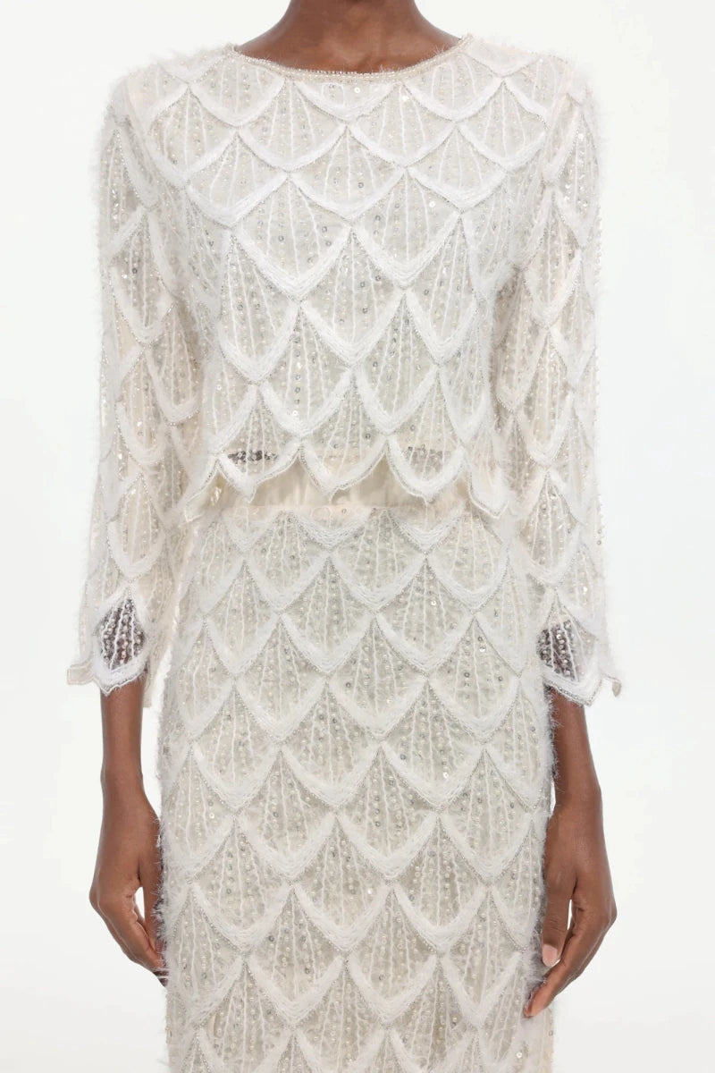 Close up of beaded scalloped lace pattern on dress