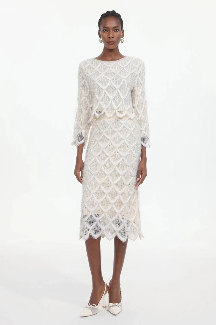 Beaded lace midi dress and jacket set front view scalloped detail