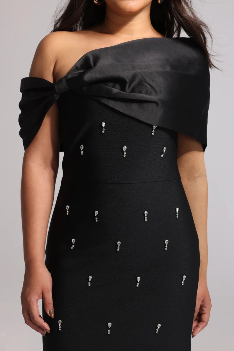 Black One Shoulder Evening Gown with Satin Fold Neckline and Embellished Detail Rebecca James Boutique | Rebecca James (formerly Curvy Chic Boutique) Belfast