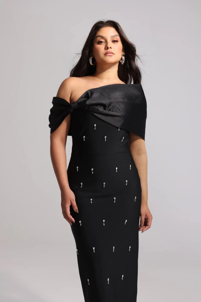 Black One Shoulder Evening Gown with Satin Fold Neckline and Embellished Detail Rebecca James Boutique | Rebecca James (formerly Curvy Chic Boutique) Belfast