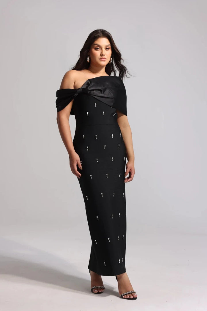 Black One Shoulder Evening Gown with Satin Fold Neckline and Embellished Detail Rebecca James Boutique | Rebecca James (formerly Curvy Chic Boutique) Belfast