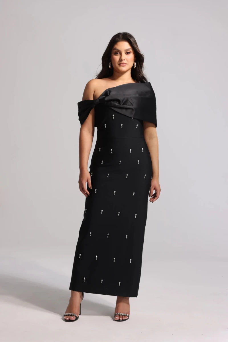 Black Black One Shoulder Evening Gown with Satin Fold Neckline and Embellished Detail by Bella Barnett