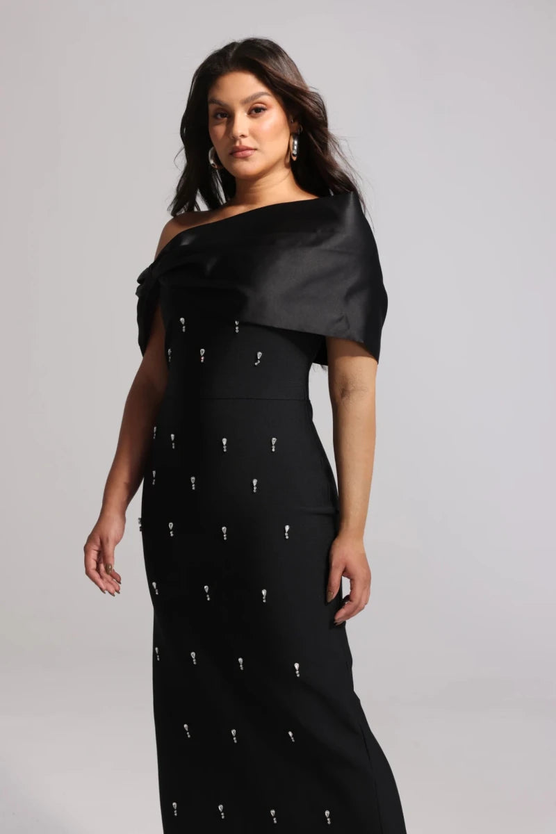 Black One Shoulder Evening Gown with Satin Fold Neckline and Embellished Detail Rebecca James Boutique | Rebecca James (formerly Curvy Chic Boutique) Belfast