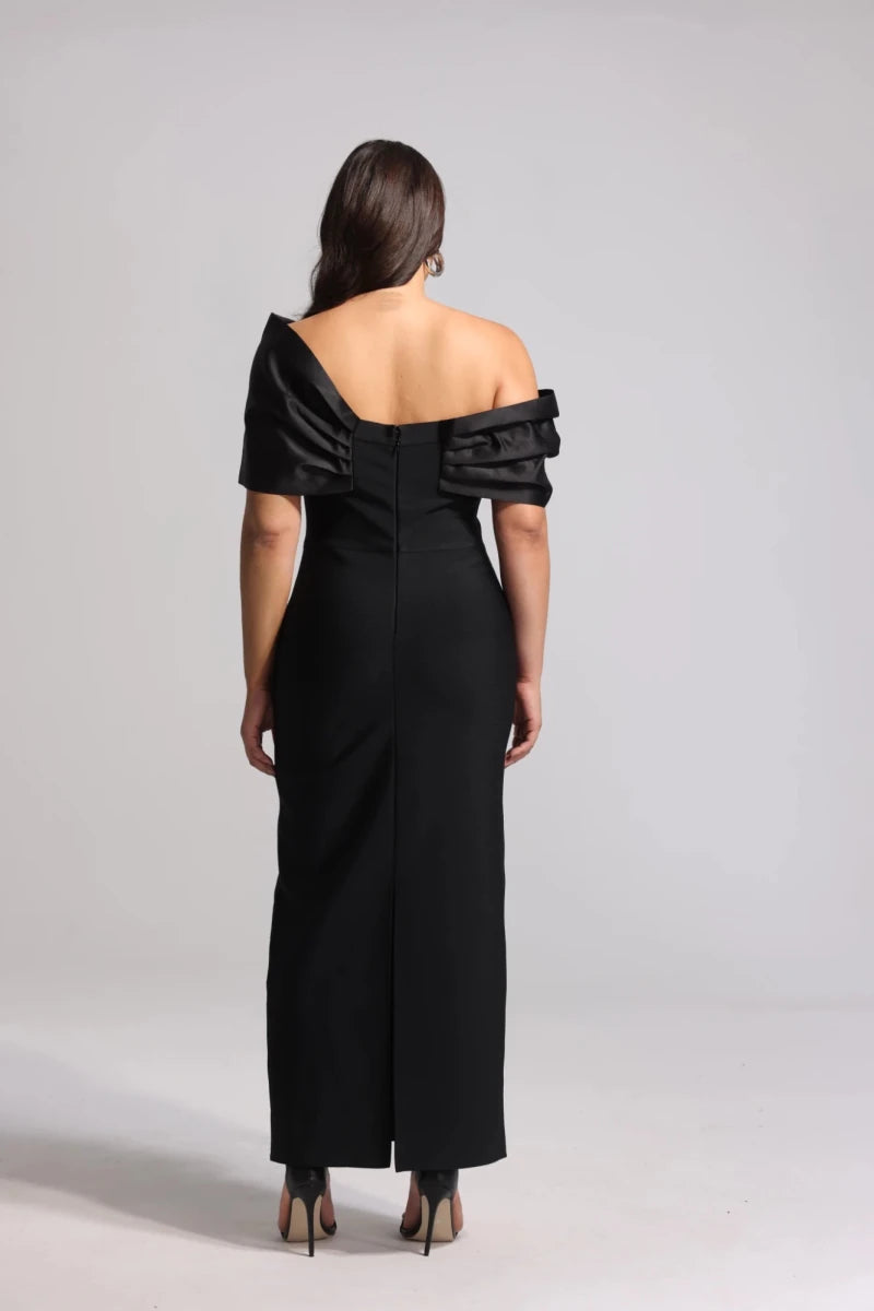 Black One Shoulder Evening Gown with Satin Fold Neckline and Embellished Detail Rebecca James Boutique | Rebecca James (formerly Curvy Chic Boutique) Belfast