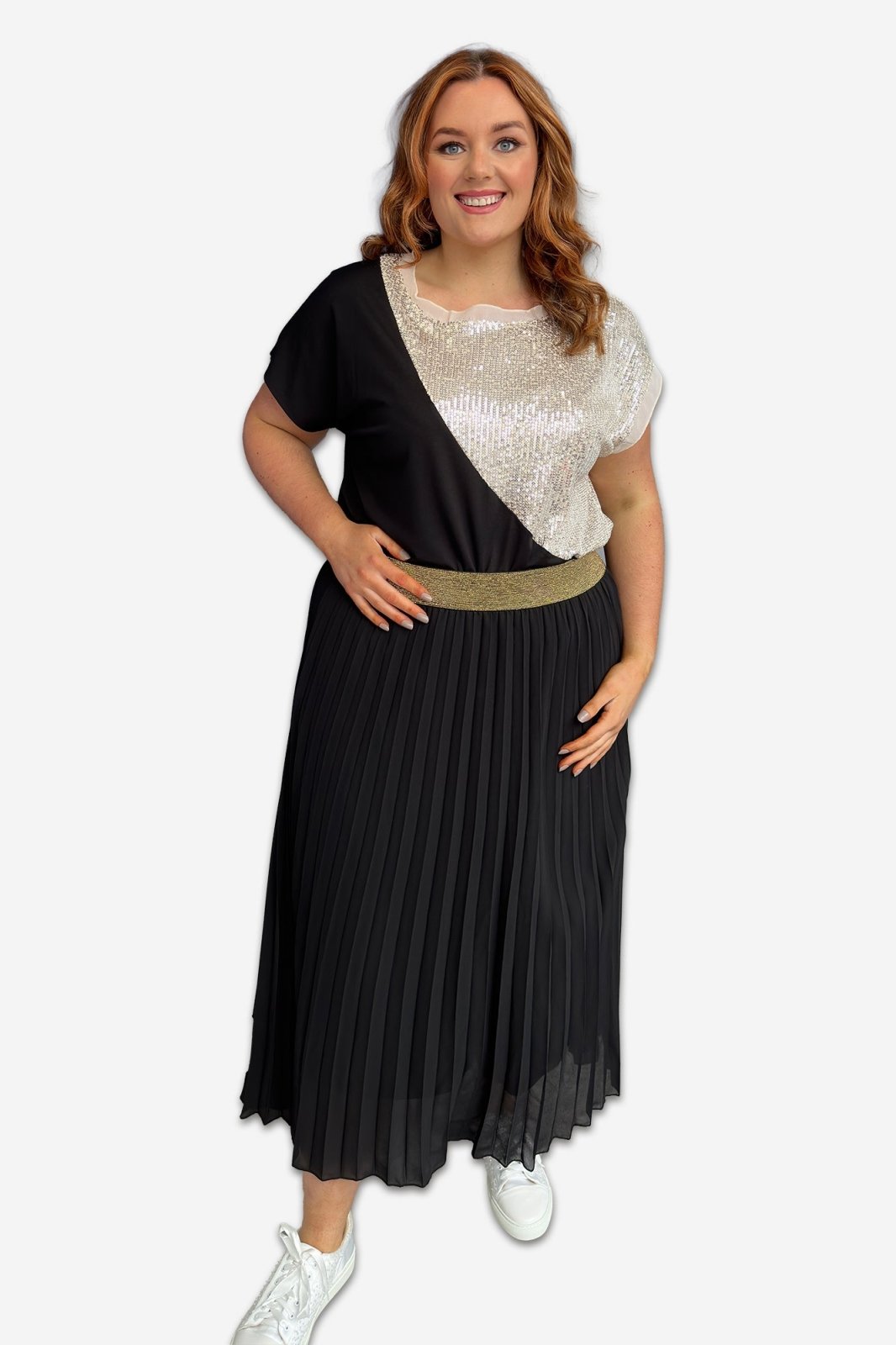 Black Pleated Skirt With Gold Waistband - Curvy Chic Boutique