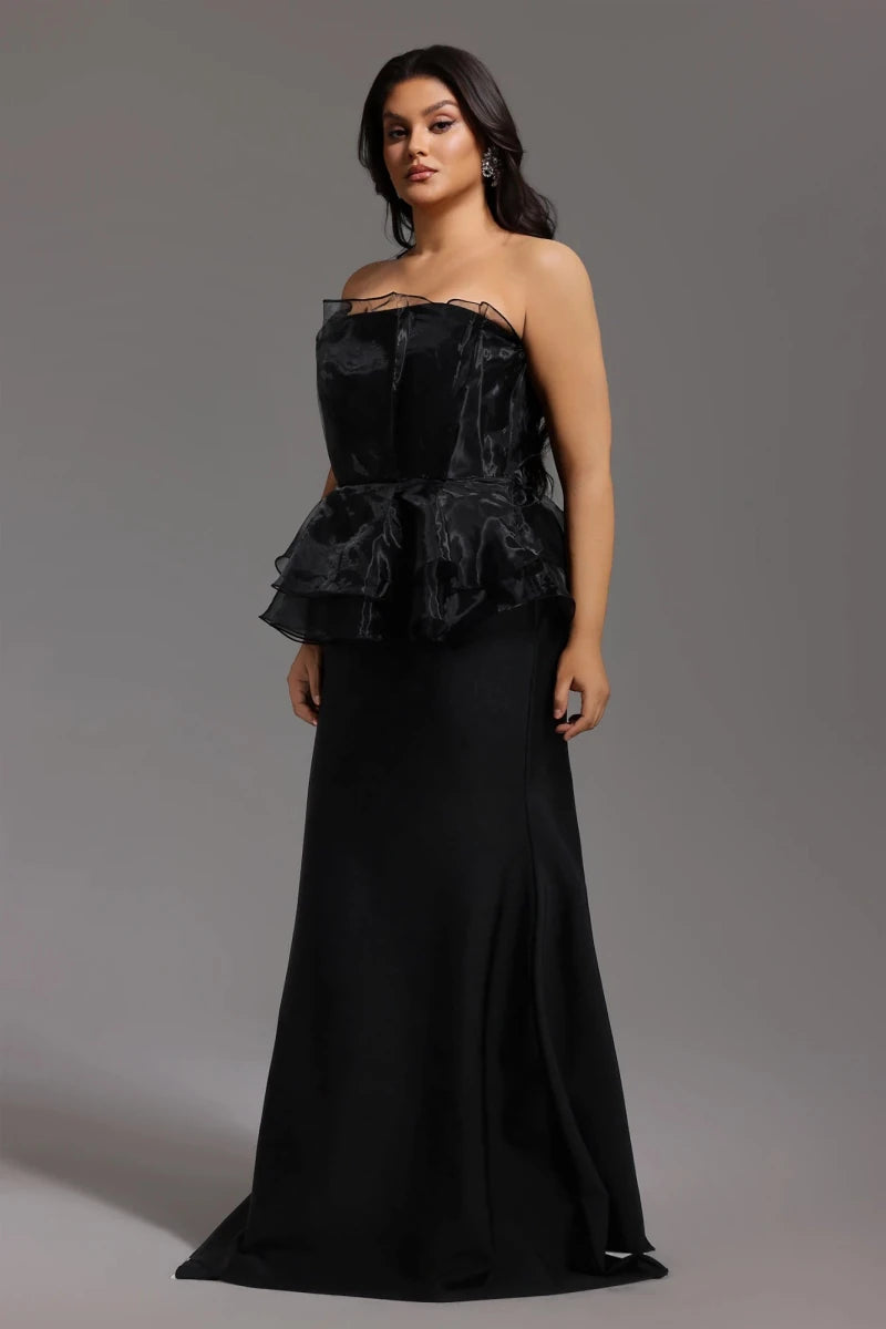 Black Black Strapless Evening Gown with Organza Peplum and Full Length Skirt by Bella Barnett