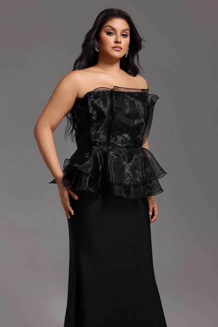 Black Strapless Evening Gown with Organza Peplum and Full Length Skirt Rebecca James Boutique | Rebecca James (formerly Curvy Chic Boutique) Belfast