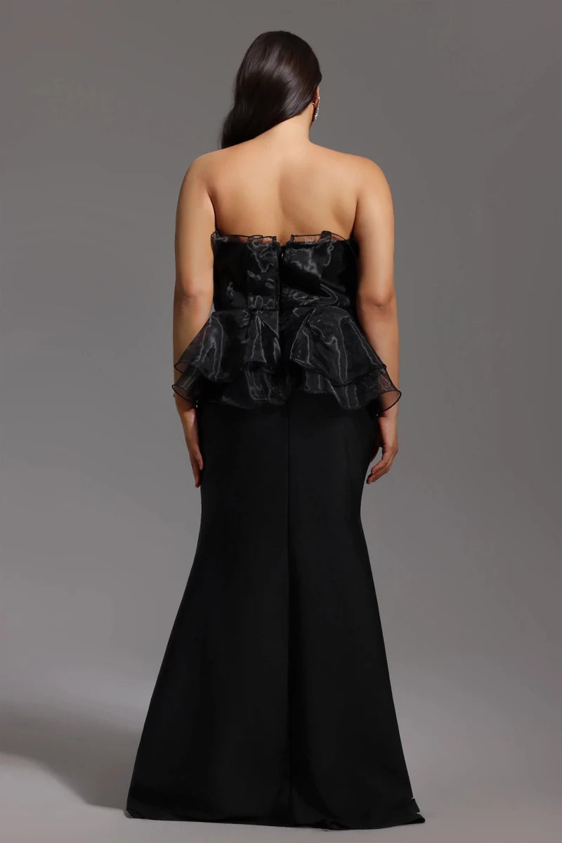 Black Strapless Evening Gown with Organza Peplum and Full Length Skirt Rebecca James Boutique | Rebecca James (formerly Curvy Chic Boutique) Belfast