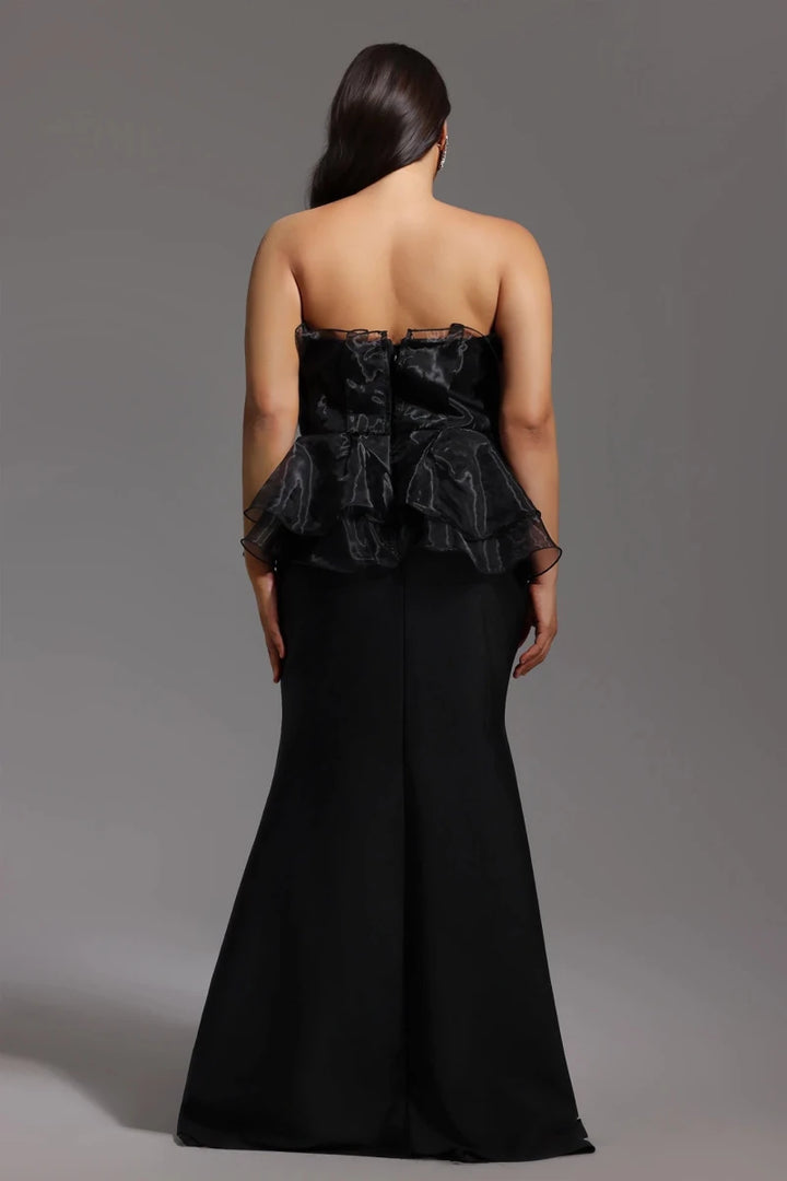 Black Strapless Evening Gown with Organza Peplum and Full Length Skirt Rebecca James Boutique | Rebecca James (formerly Curvy Chic Boutique) Belfast