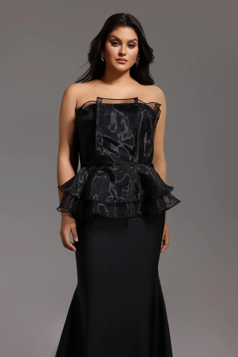 Black Strapless Evening Gown with Organza Peplum and Full Length Skirt Rebecca James Boutique | Rebecca James (formerly Curvy Chic Boutique) Belfast