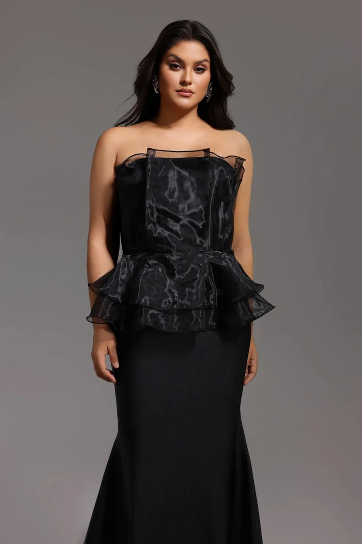 Black Strapless Evening Gown with Organza Peplum and Full Length Skirt Rebecca James Boutique | Rebecca James (formerly Curvy Chic Boutique) Belfast