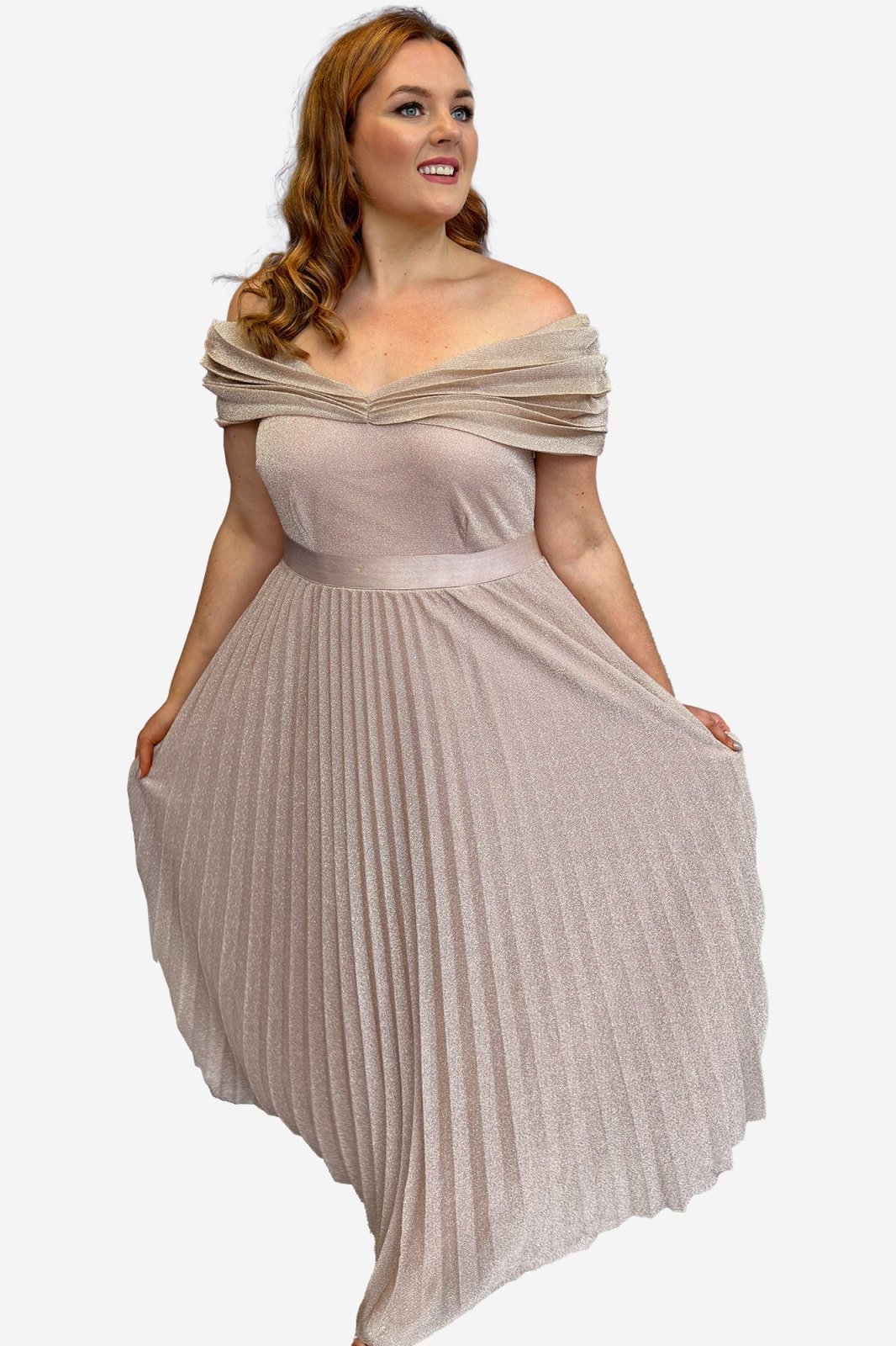 Blush Off The Shoulder Plus Size Glitter Pleated Evening Dress