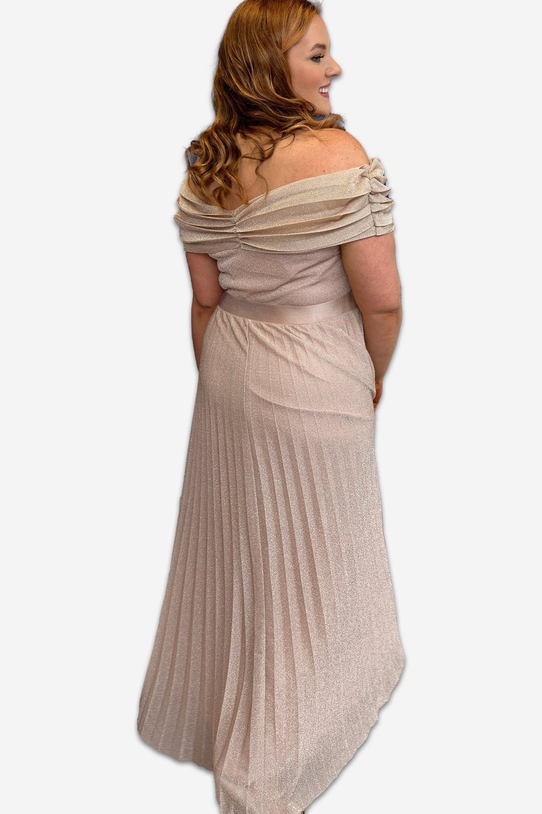 Blush Off The Shoulder Plus Size Glitter Pleated Evening Dress - Curvy Chic Boutique