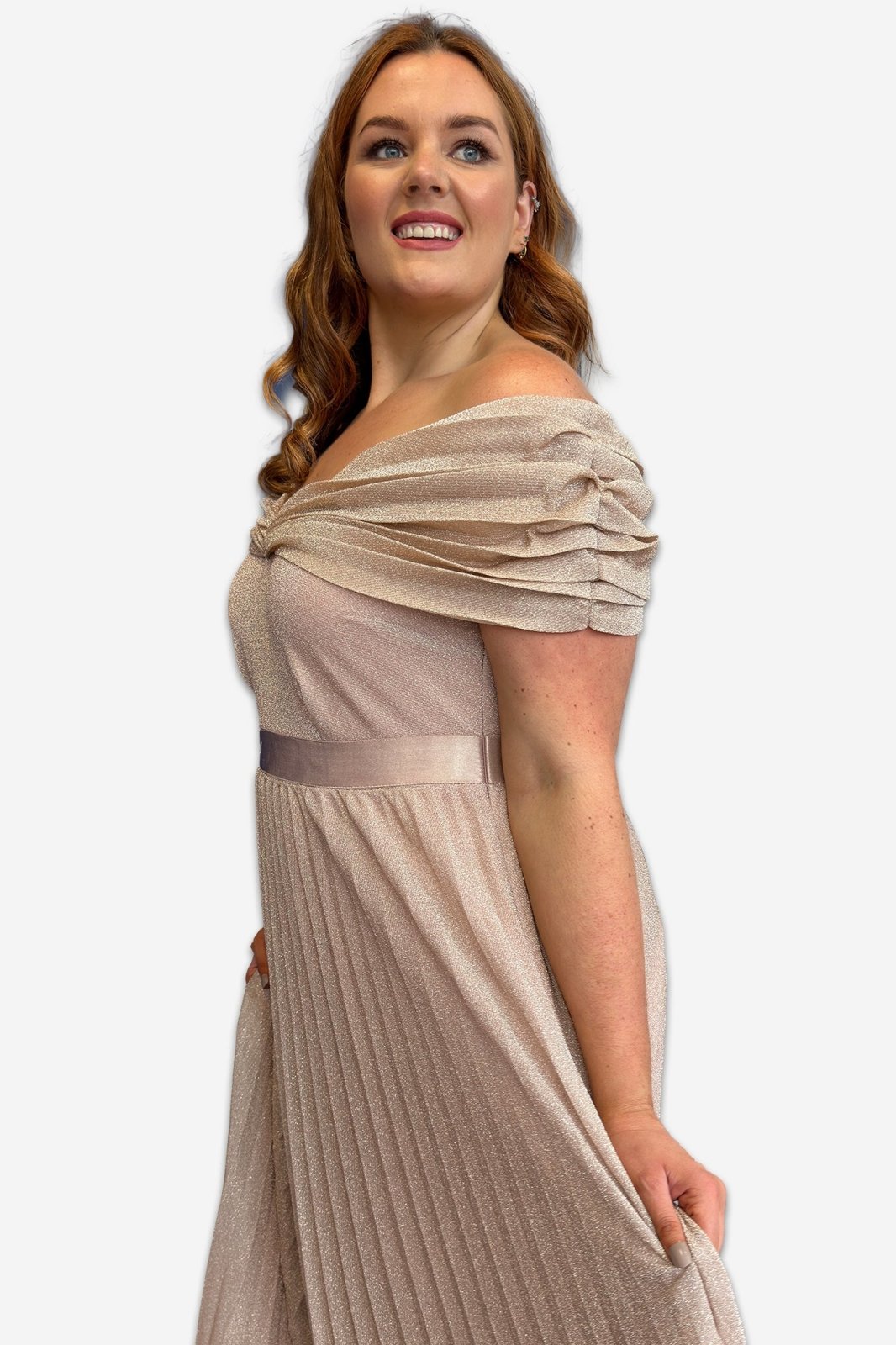 Blush Off The Shoulder Plus Size Glitter Pleated Evening Dress - Curvy Chic Boutique