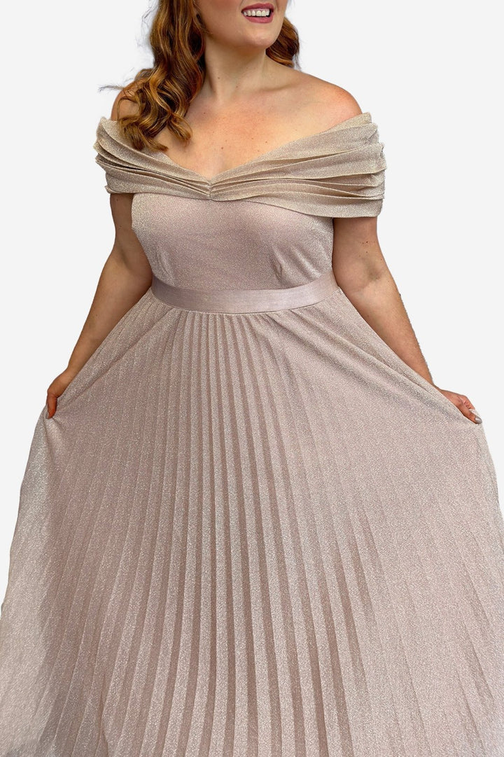 Blush Off The Shoulder Plus Size Glitter Pleated Evening Dress - Curvy Chic Boutique