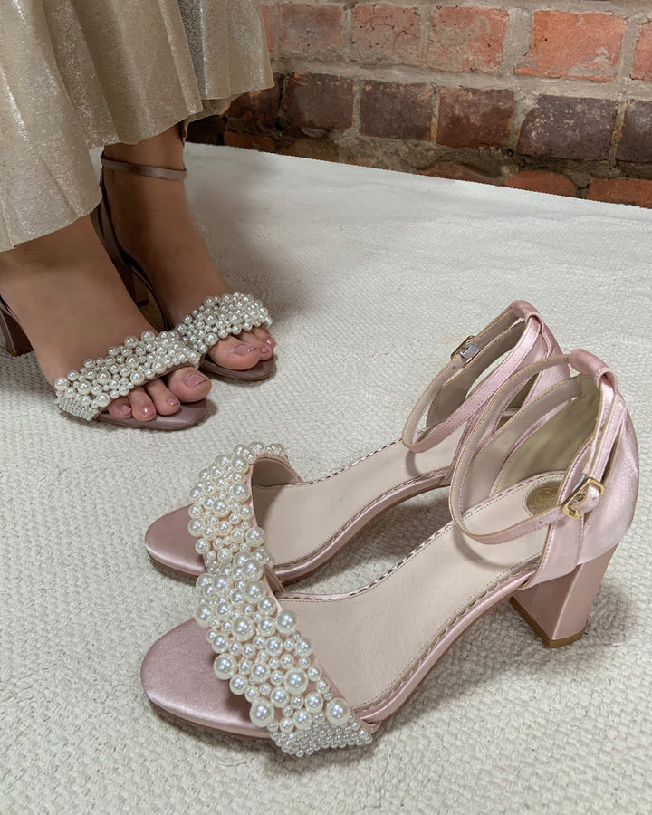 Blush Pearl Detail Open Toe Block Heeled Sandal | Carrie | Perfect Bridal Company - Curvy Chic Boutique