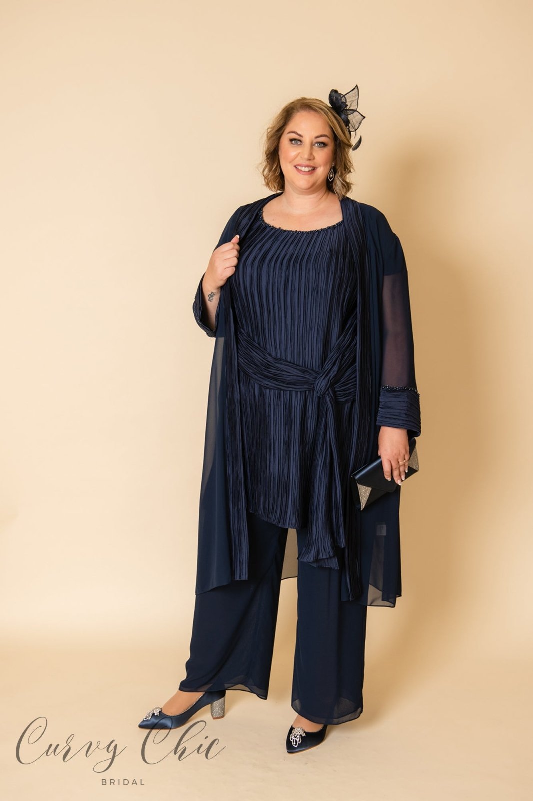 DU - 454 | Veromia Trouser Suit | Navy, Oyster or Smokey Blue - Curvy Chic Boutique