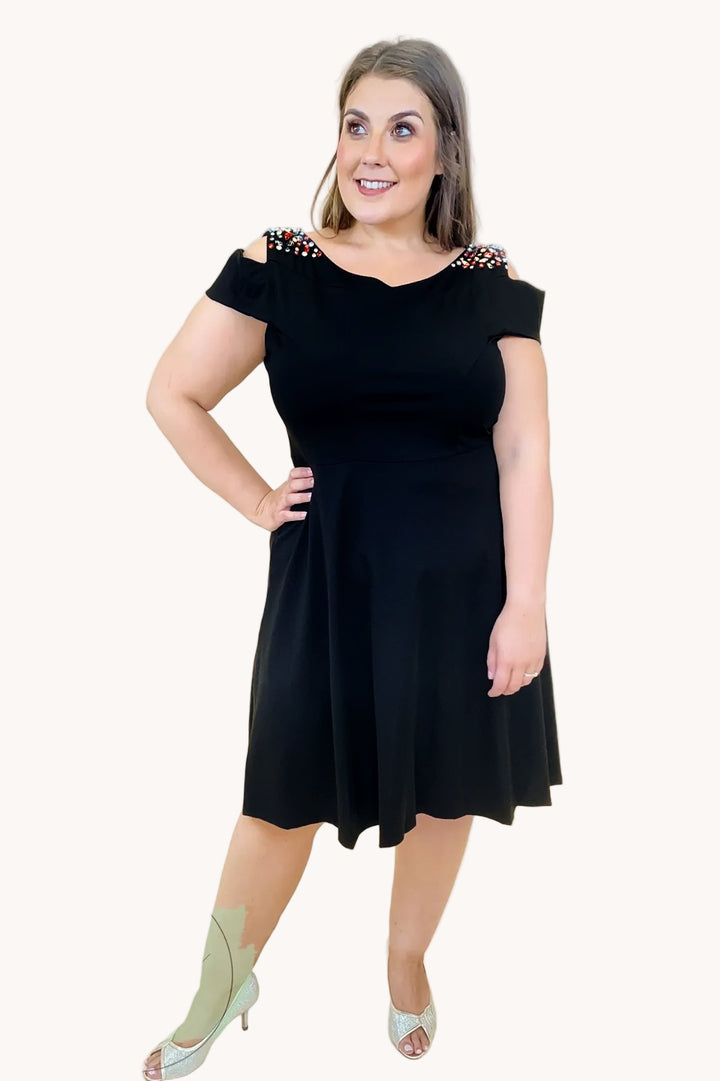 Embellished Cold Shoulder Black Plus Size Skater Dress