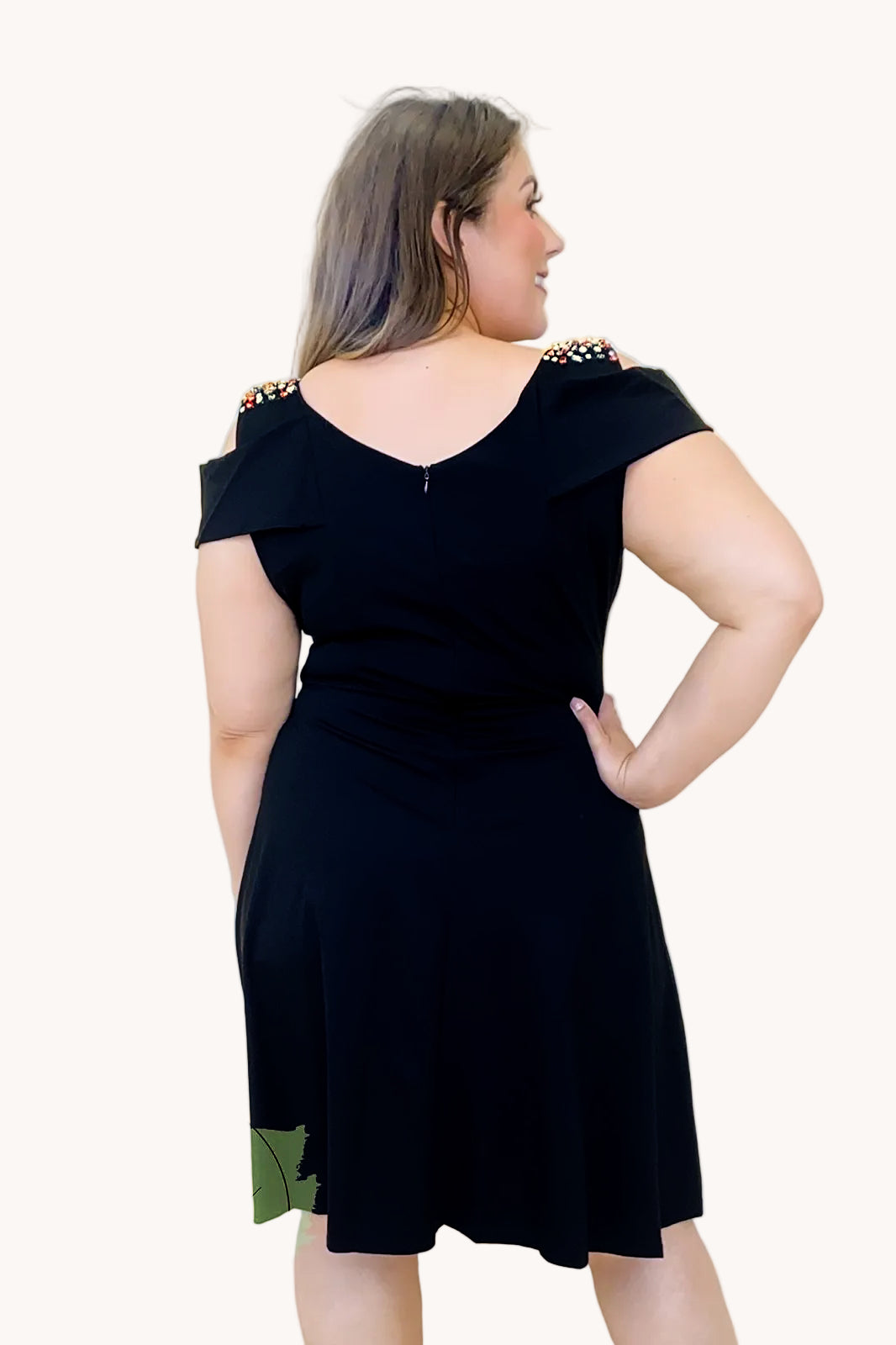 Embellished Cold Shoulder Black Plus Size Skater Dress