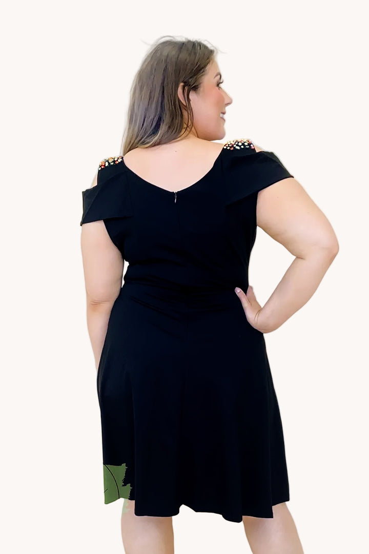 Embellished Cold Shoulder Black Plus Size Skater Dress