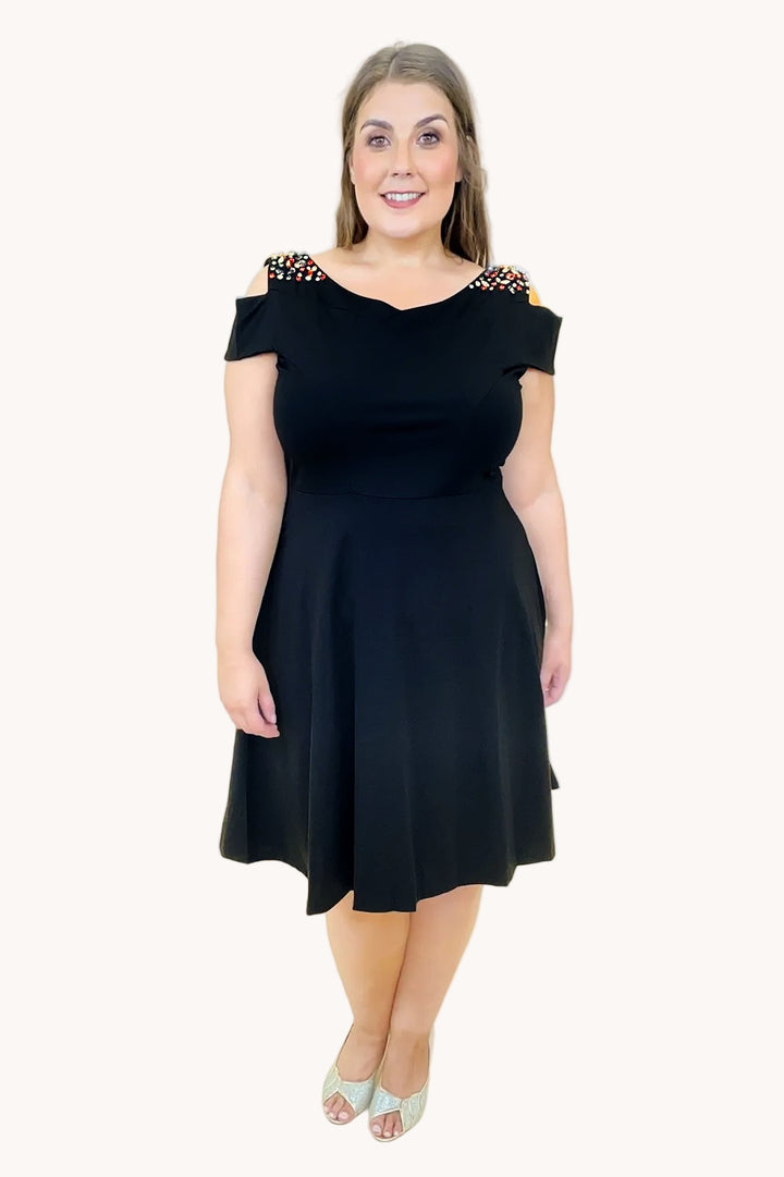 Embellished Cold Shoulder Black Plus Size Skater Dress