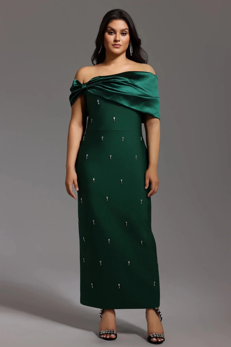 Green Emerald Green Off Shoulder Evening Gown with Ruched Neckline and Embellished Detail by Bella Barnett