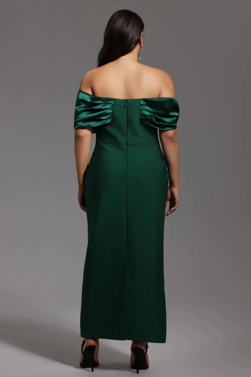 Emerald Green Off Shoulder Evening Gown with Ruched Neckline and Embellished Detail Rebecca James Boutique | Rebecca James (formerly Curvy Chic Boutique) Belfast