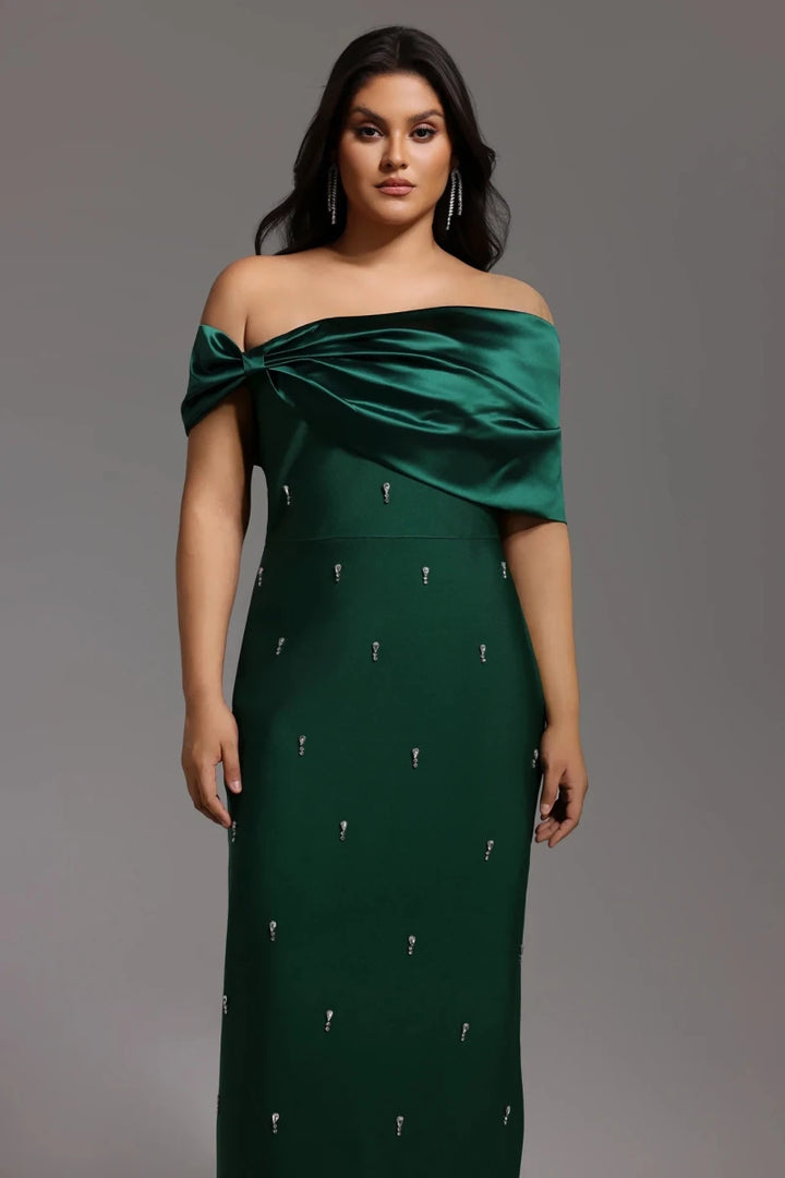 Emerald Green Off Shoulder Evening Gown with Ruched Neckline and Embellished Detail Rebecca James Boutique | Rebecca James (formerly Curvy Chic Boutique) Belfast