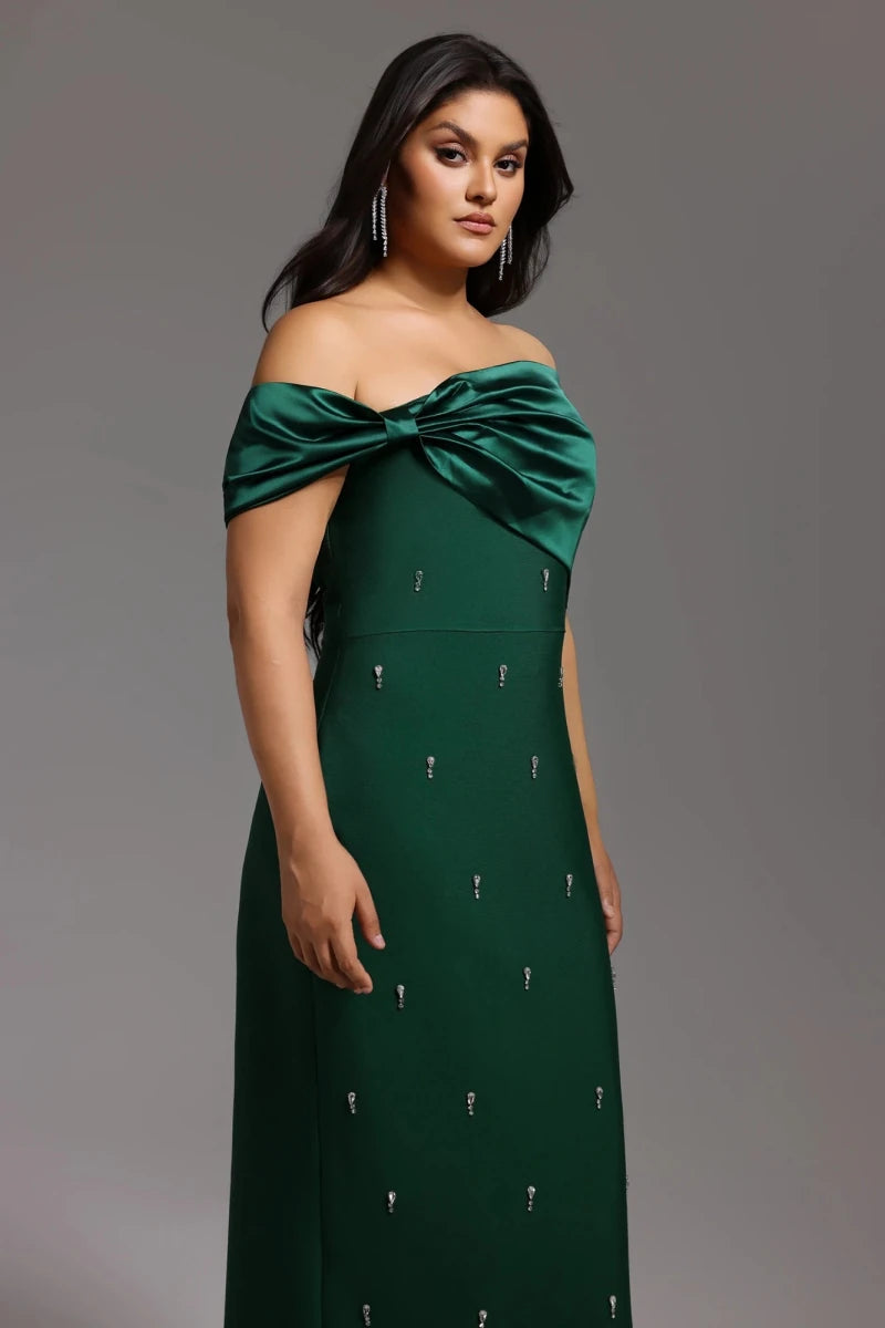 Emerald Green Off Shoulder Evening Gown with Ruched Neckline and Embellished Detail Rebecca James Boutique | Rebecca James (formerly Curvy Chic Boutique) Belfast